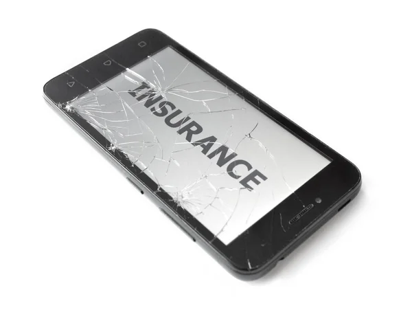Detailní Záběr Poškozených Buněk Smartphone Nápisem Různých Jazycích Pojištění Koncept — Stock fotografie