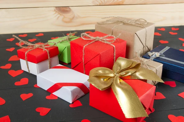 Dárkové Krabičky Dřevěný Stůl Dar Obraz Vhodný Pro Valentýn Vánoce — Stock fotografie