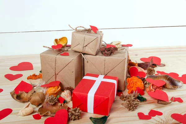 Dárkové Krabičky Dřevěný Stůl Dar Obraz Vhodný Pro Valentýn Vánoce — Stock fotografie
