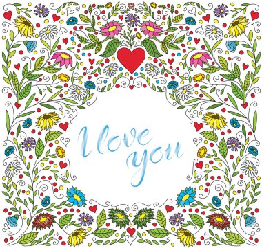 Vektör Sevgililer günü kartı soyut aşk çizim çiçek ve kalpleri ile tebrik. Yazı seni seviyorum