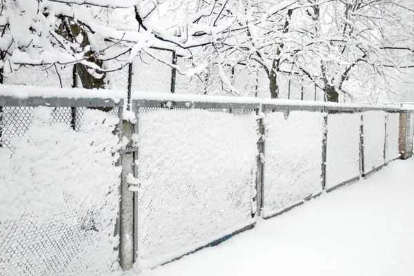 Pokryte Śniegiem Siatka Druciana Siatka Ogrodzenia Kraty Pokryte Świeżego Śniegu — Zdjęcie stockowe