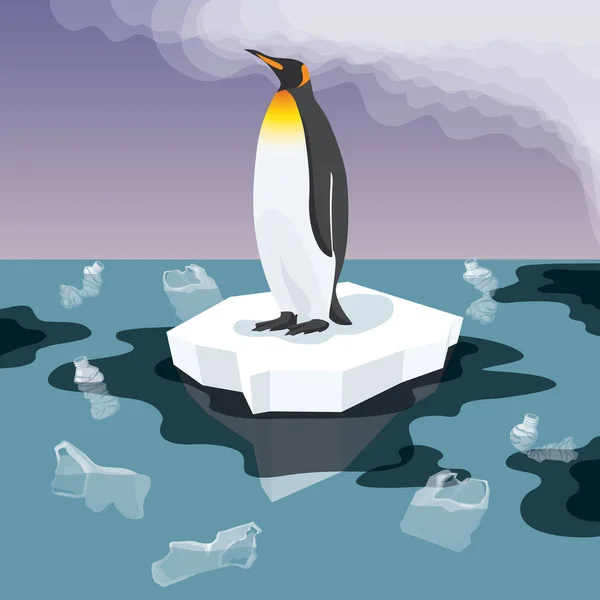 Pinguïn met plastic afval in het water — Stockvector