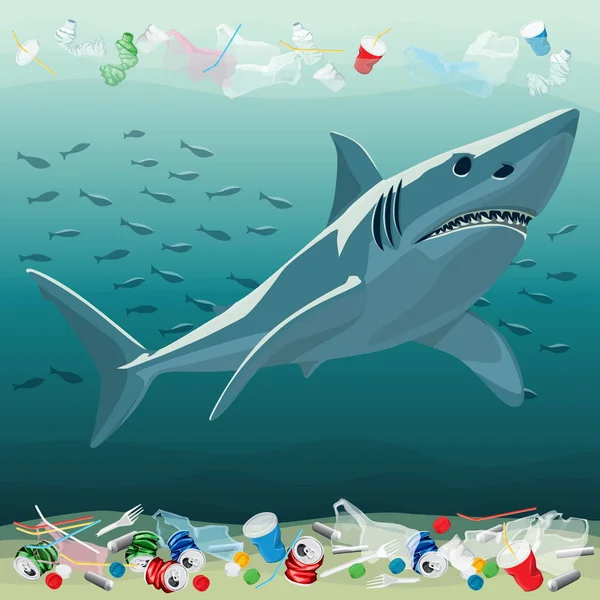 Zanieczyszczenie środowiska ilustracja i rekin — Wektor stockowy