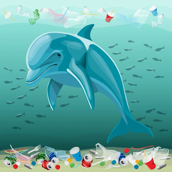 Pollution de l'environnement Illustration et dauphin — Image vectorielle