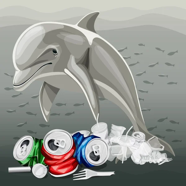 Miljöförorening illustration och Delfin — Stock vektor
