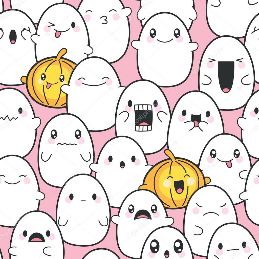 Seamless Background. Vector Set Of Cute Ghosts Celebrating Halloween. Kawaii Vector Set