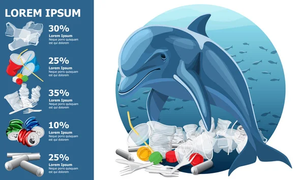Ilustração e golfinho da poluição ambiental —  Vetores de Stock