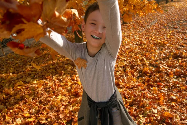 Jongen in het herfstpark — Stockfoto