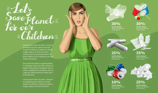 Vector Info Chart Infográficos Imagem Conceitual Lixo Reciclagem Diferente Mulher — Vetor de Stock