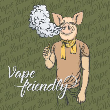 Domuz vektörü konsepti. Domuz tüttürmek ya da elektronik sigara içmek, insan kıyafeti içinde.