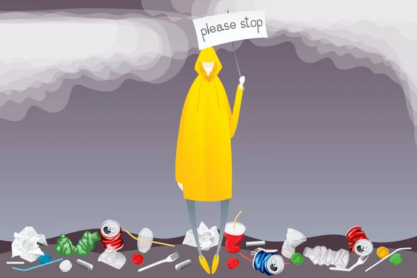 身穿黄色雨衣的男子站在地上 满地都是塑料垃圾 海报上有题词 请停止 矢量平面等距环境污染概念图像 — 图库矢量图片