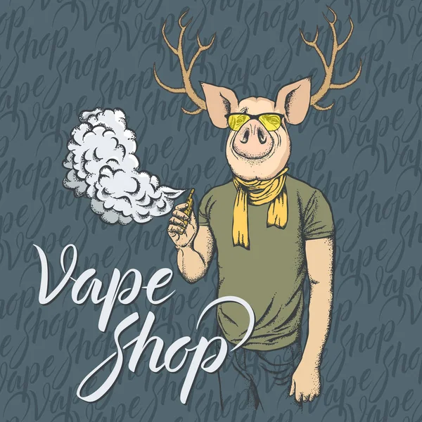 Concepto Vector Cerdo Cerdo Fumando Vapeando Cigarrillo Electrónico Traje Humano — Archivo Imágenes Vectoriales