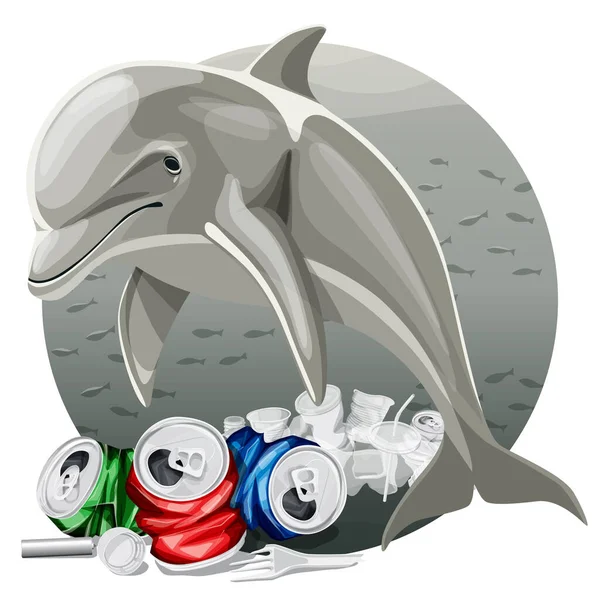 Векторна Ілюстрація Забруднення Навколишнього Середовища Дельфін Забруднення Океану Океан Сміттям — стоковий вектор