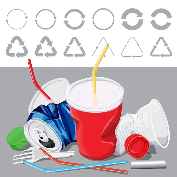 Señales Reciclaje Vectores Imagen Conceptual Diferentes Señales Reciclaje Con Basura — Vector de stock