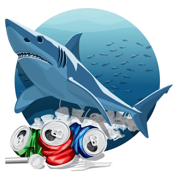 Vektor Umweltverschmutzung Illustration Des Weißen Hais Meeresverschmutzung Ozean Mit Plastikmüll — Stockvektor