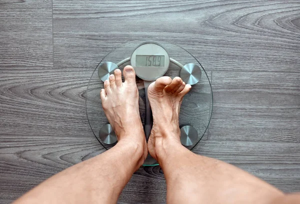 Image Human Feet Standing Electronic Scales Gray Background Top View — Stock Photo, Image
