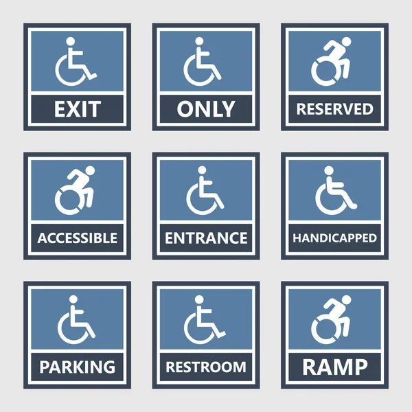 Iconos de discapacidad, señales de aparcamiento y WC, personas con discapacidad — Vector de stock