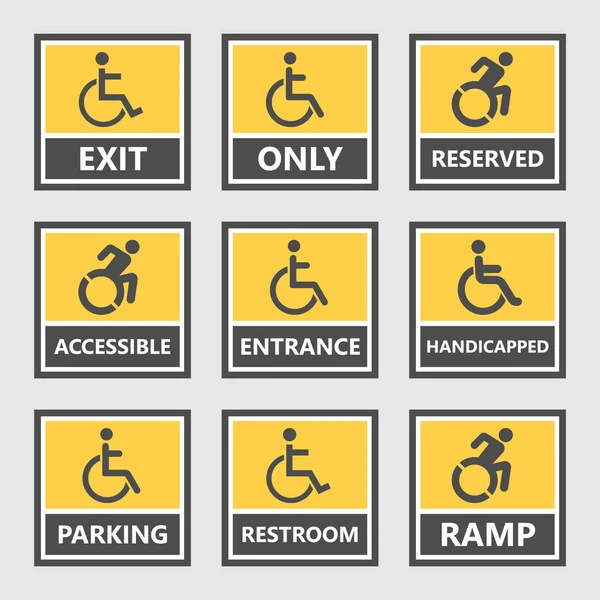 Etiquetas y letreros para discapacitados, iconos de personas con discapacidad y pegatinas — Vector de stock