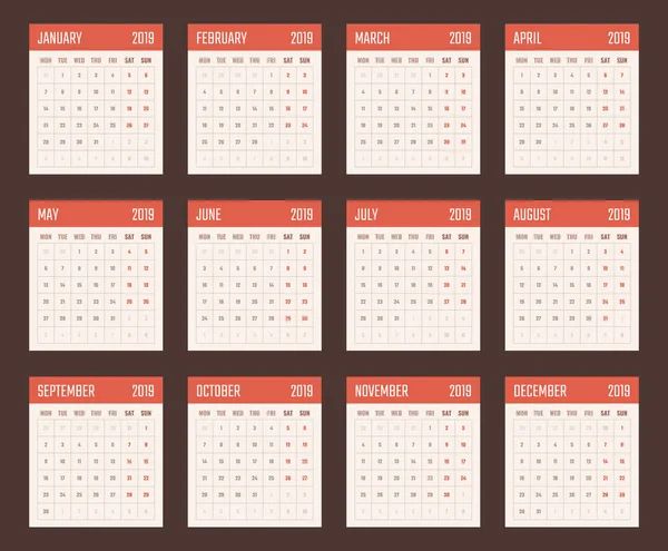 Ημερολόγιο για το 2019 ξεκινά Δευτέρα, διάνυσμα ημερολόγιο σχεδιασμό 2019 έτος — Διανυσματικό Αρχείο