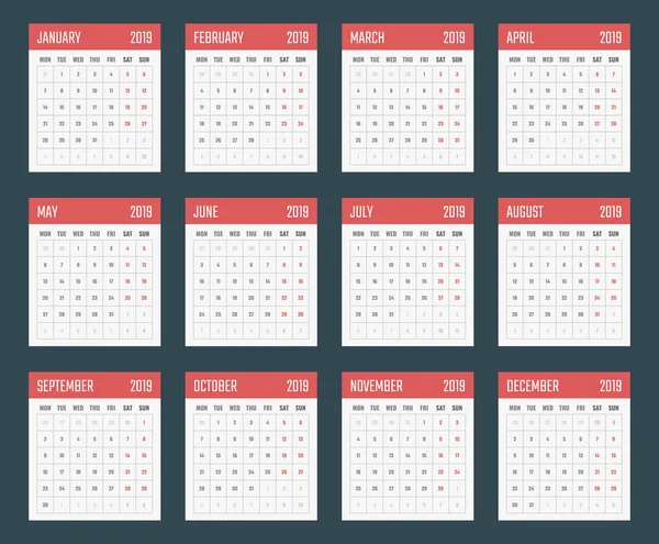Calendario para 2019 comienza el lunes, diseño del calendario vectorial 2019 año — Vector de stock