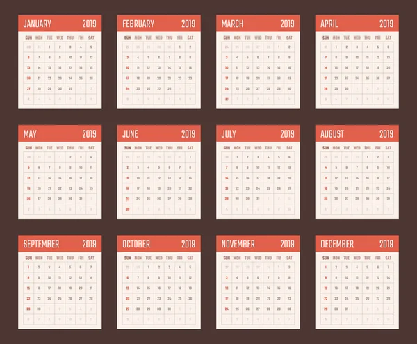 Calendario para 2019 comienza el domingo, diseño del calendario vectorial 2019 año — Vector de stock