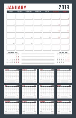 2019 için Takvim Pazartesi, vektör takvim tasarımı 2019 yıl başlıyor