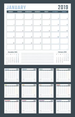 2019 için Takvim Pazartesi, vektör takvim tasarımı 2019 yıl başlıyor