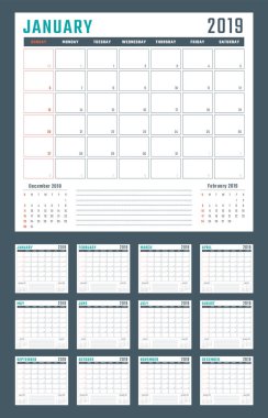 Pazar, vektör takvim tasarımı 2019 yıl 2019 için takvim başlar