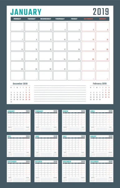 Календар на 2019 рік починається понеділок, векторний дизайн календаря 2019 рік — стоковий вектор
