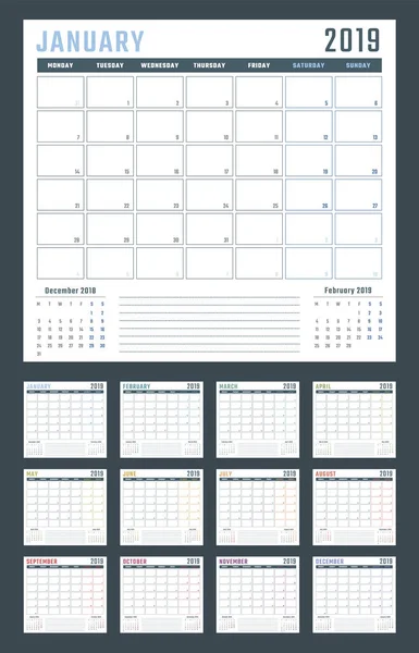 Calendário para 2019 começa segunda-feira, projeto do calendário vetorial 2019 ano — Vetor de Stock