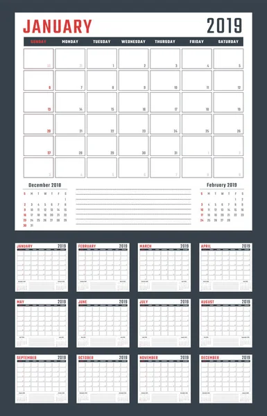 Kalendář pro 2019 začíná neděle, vektorová design kalendáře rok 2019 — Stockový vektor