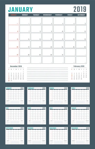 Kalendář pro 2019 začíná neděle, vektorová design kalendáře rok 2019 — Stockový vektor