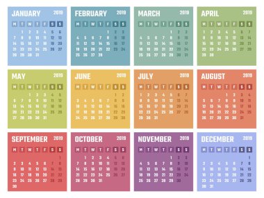 2019 için Takvim Pazartesi, vektör takvim tasarımı 2019 yıl başlıyor