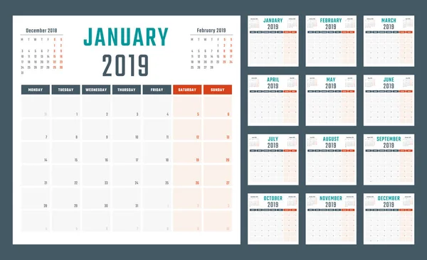 Calendario 2019 inizia lunedì, progettazione calendario vettoriale 2019 anno — Vettoriale Stock
