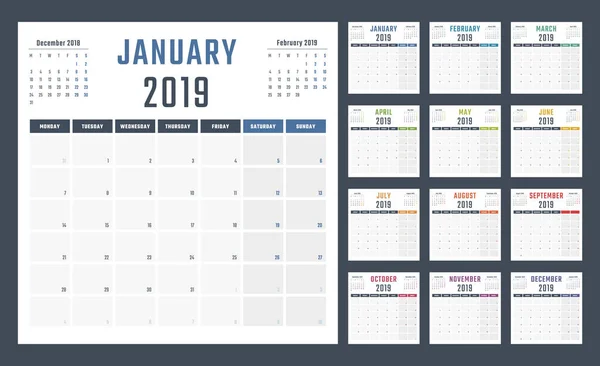 Kalendarz do 2019 r. w poniedzialek, wektor kalendarza projektu rok 2019 — Wektor stockowy