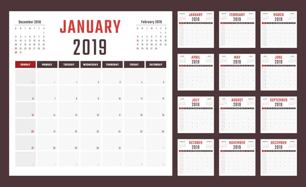 Kalender für 2019 beginnt Sonntag, Vektorkalenderentwurf 2019 Jahr — Stockvektor