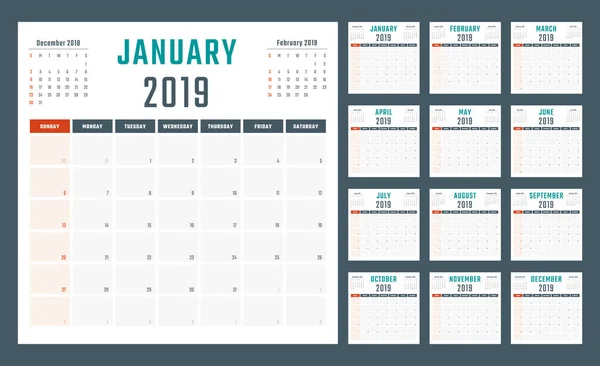 Calendario para 2019 comienza el domingo, diseño del calendario vectorial 2019 año — Vector de stock