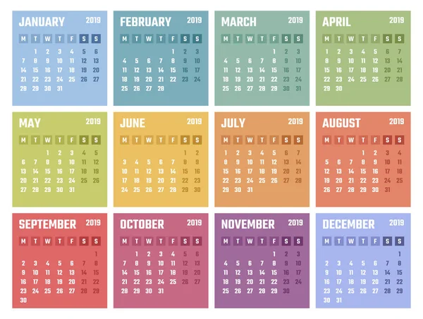 Calendario 2019 inizia lunedì, progettazione calendario vettoriale 2019 anno — Vettoriale Stock