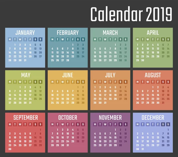 Kalender für 2019 beginnt am Montag, Vektorkalenderentwurf für 2019 Jahr — Stockvektor