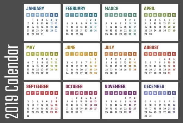 Calendario Anno 2019 Calendario 2019 Inizia Lunedì — Vettoriale Stock