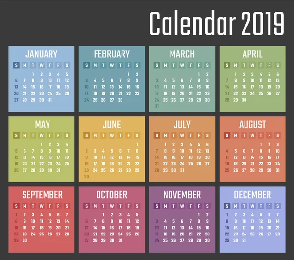 Calendário para 2019 começa domingo, vetor calendário projeto 2019 ano — Vetor de Stock