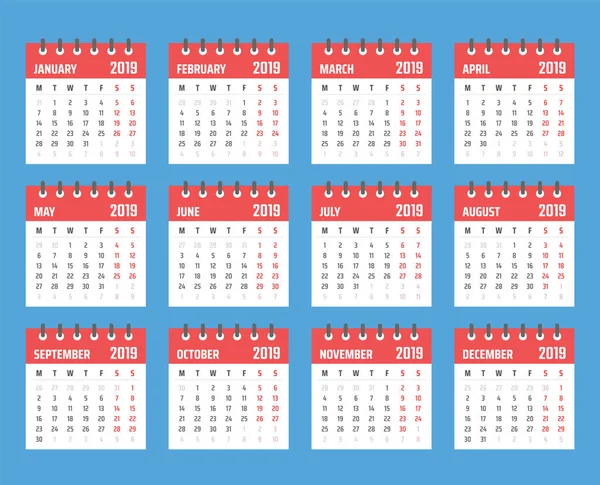 Calendario para 2019 comienza el lunes, diseño del calendario vectorial 2019 año — Vector de stock