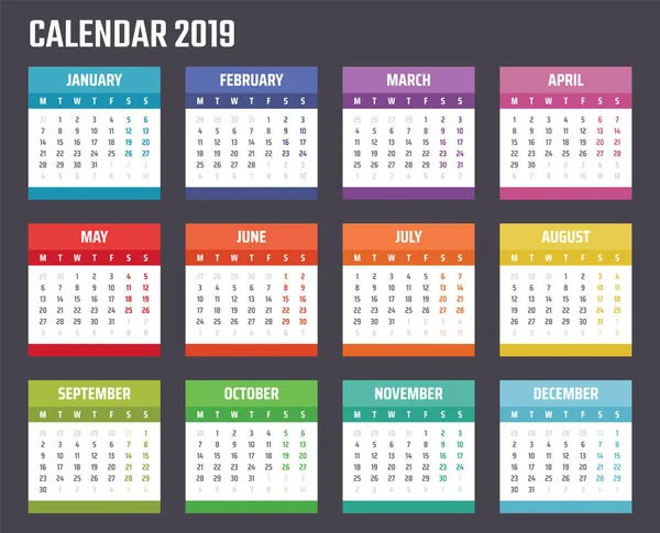 Calendário para 2019 começa segunda-feira, projeto do calendário vetorial 2019 ano — Vetor de Stock