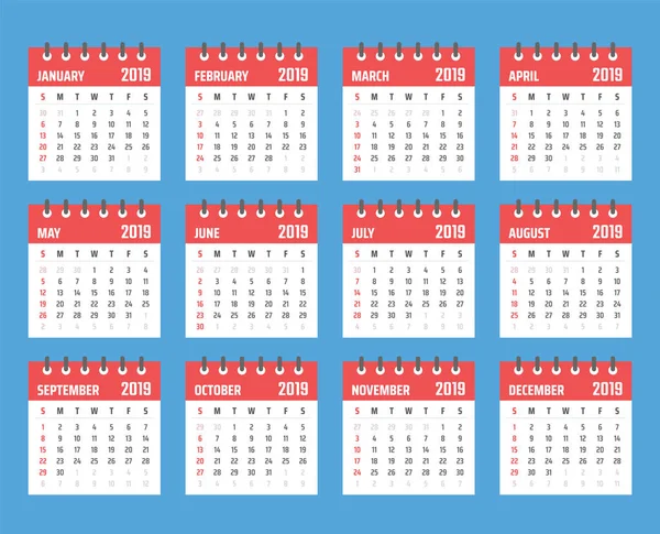 Ημερολόγιο για το 2019 ξεκινά την Κυριακή, διάνυσμα ημερολόγιο σχεδιασμό 2019 έτος — Διανυσματικό Αρχείο