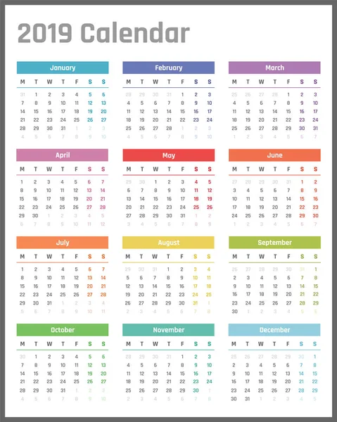 Calendrier pour 2019 commence lundi, conception du calendrier vectoriel 2019 année — Image vectorielle