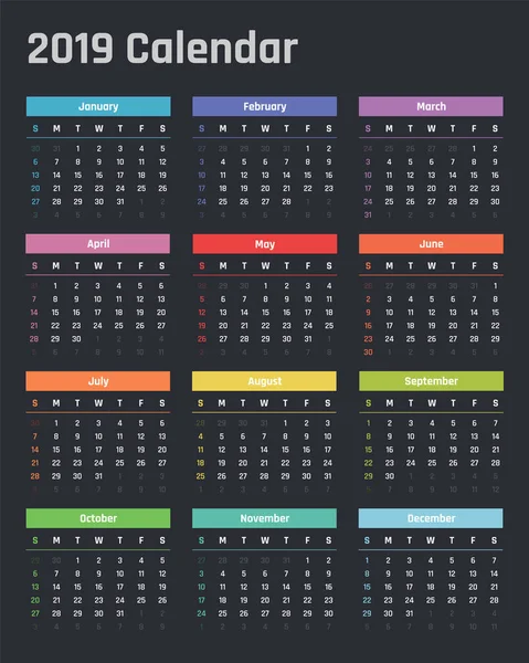 Kalender für 2019 beginnt Sonntag, Vektorkalenderentwurf 2019 Jahr — Stockvektor