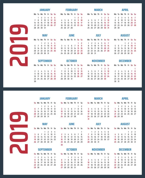 Calendar for 2019 starts sunday and monday, vector calendar design 2019 year — Stock Vector