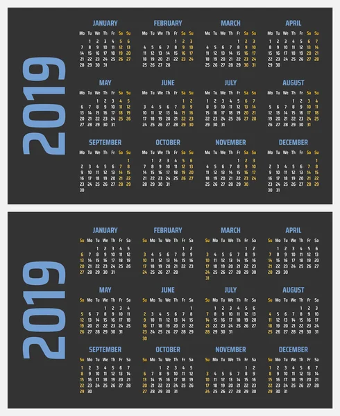 Calendario 2019 inizia domenica e lunedì, progettazione calendario vettoriale 2019 anno — Vettoriale Stock