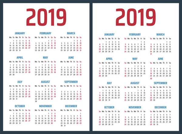 Calendário para 2019 começa domingo e segunda-feira, projeto do calendário vetorial 2019 ano — Vetor de Stock