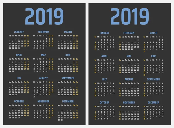 Naptár 2019 kezdődik vasárnap és hétfőn, vektor naptár-látványtervre 2019 év — Stock Vector